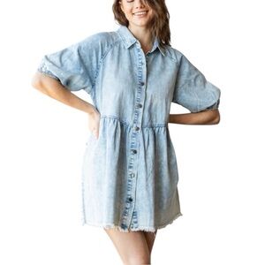 VEVERET Babydoll Peasant Boho Raw Hem Pockets Puff Sleeves Denim Mini Dress L